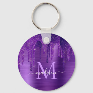 Chic Purple Dripping Glitter Brush Metal Monogram Key Ring