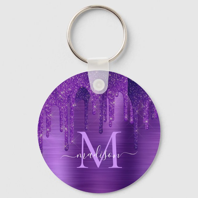 Chic Purple Dripping Glitter Brush Metal Monogram Key Ring (Front)