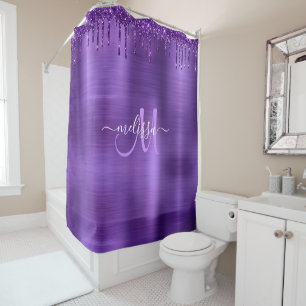 Chic Purple Dripping Glitter Brush Metal Monogram Shower Curtain