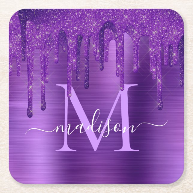 Chic Purple Dripping Glitter Brush Metal Monogram Square Paper Coaster (Front)