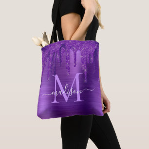 Chic Purple Dripping Glitter Brush Metal Monogram Tote Bag