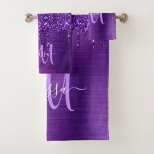 Chic Purple Dripping Glitter Monogram Name Bath To Towel Set