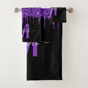 Chic Purple Dripping Glitter Monogram Name Bath Towel Set