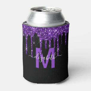 Chic Purple Dripping Glitter Monogram Name Can Cooler