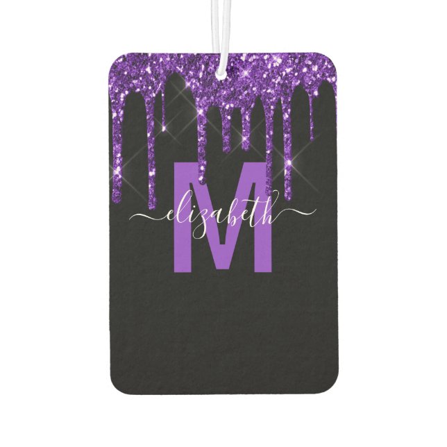 Chic Purple Dripping Glitter Monogram Name Car Air Freshener (Back)