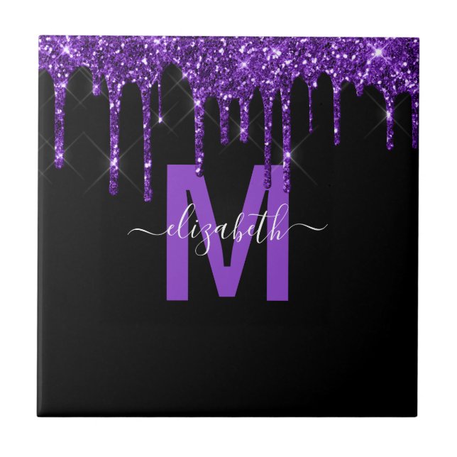 Chic Purple Dripping Glitter Monogram Name Ceramic Tile (Front)