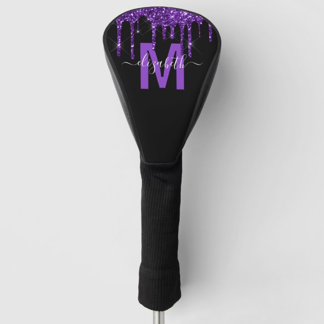 Chic Purple Dripping Glitter Monogram Name Golf Head Cover (Front)