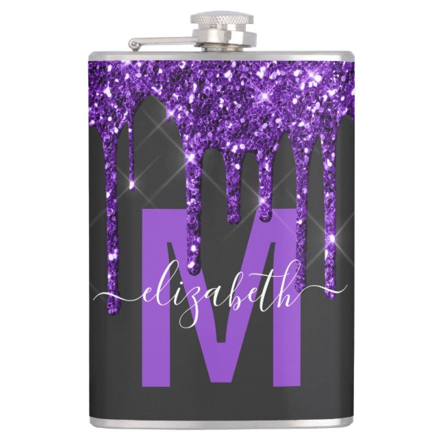 Chic Purple Dripping Glitter Monogram Name Hip Flask (Front)