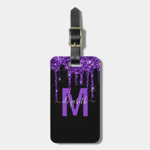 Chic Purple Dripping Glitter Monogram Name Luggage Tag