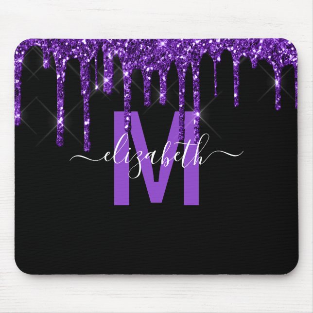 Chic Purple Dripping Glitter Monogram Name Mouse Pad (Front)