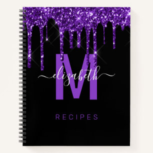 Chic Purple Dripping Glitter Monogram Name Recipe Notebook