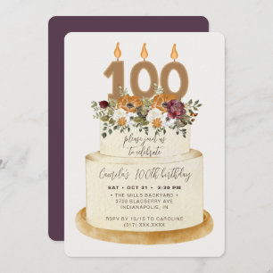 Chic Purple Fall Autumn 100th Birthday Cake Invitation