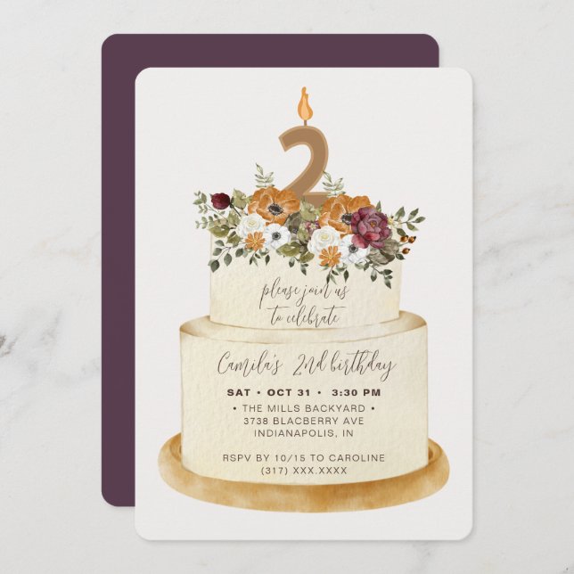 Chic Purple Fall Autumn 2nd Birthday Cake Invitation (Front/Back)