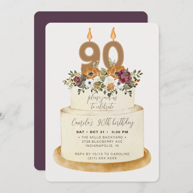 Chic Purple Fall Autumn 90th Birthday Cake Invitation (Front/Back)