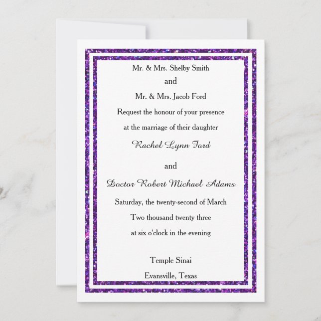 Chic Purple Faux Glittered Trim - Wedding Invite (Front)