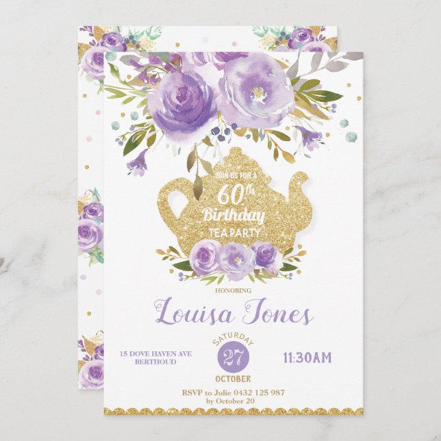 Chic Purple Floral 60th Birthday Tea Party Any Age Invitation (Front/Back)