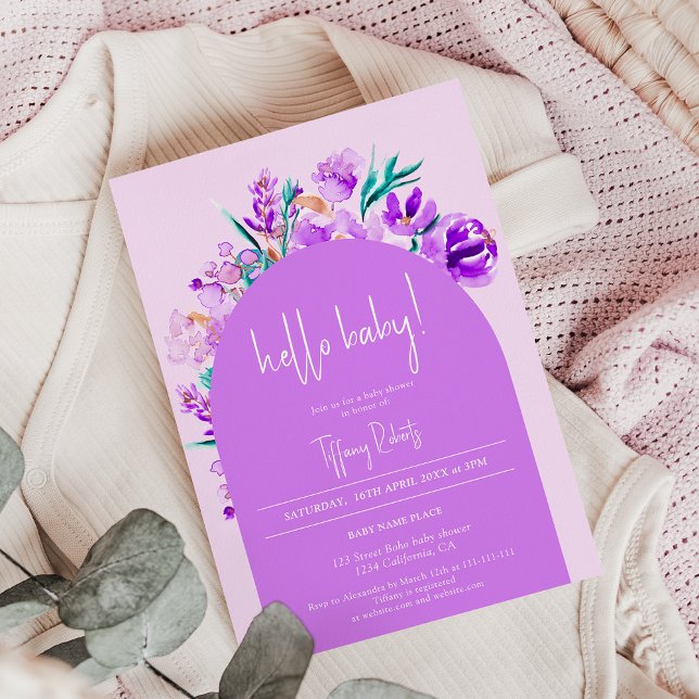 Chic purple floral arch neutral hello baby shower invitation (Chic purple floral arch neutral hello baby shower invitation)