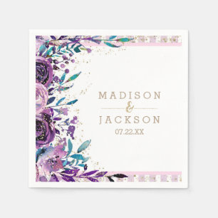 Chic Purple Floral Champagne Gold Monogram Wedding Napkin