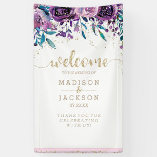 Chic Purple Floral Champagne Gold Wedding Welcome Banner