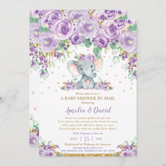 Chic Purple Floral Elephant Baby Shower by Mail Invitation (Front/Back)