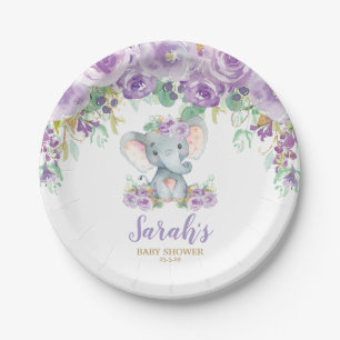 Chic Purple Floral Elephant Baby Shower Girl Paper Plate