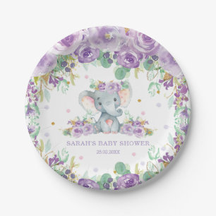 Chic Purple Floral Elephant Baby Shower Girl Paper Plate