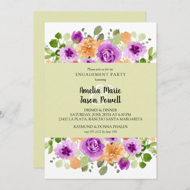 Chic Purple Floral Engagement Party Invitation (Front/Back)