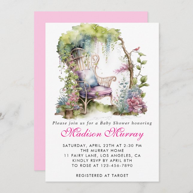 Chic Purple Floral Flower Garden Chair Baby Shower Invitation (Front/Back)
