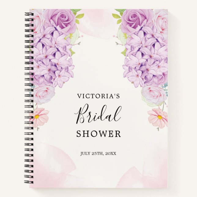 Chic Purple Floral Frame Bridal Shower Gift List Notebook (Front)