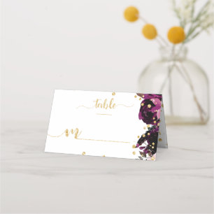 Chic Purple Floral & Gold Confetti Table Number Place Card