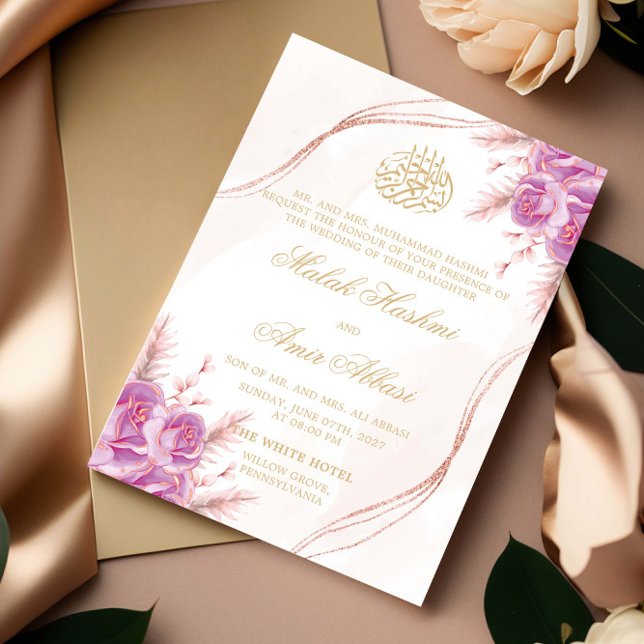 Chic Purple Floral Gold Islamic Muslim wedding Invitation (Creator Uploaded)