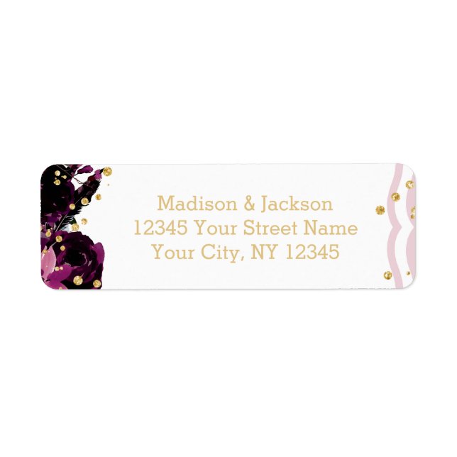 Chic Purple Floral & Gold Wedding Return Address Label (Front)