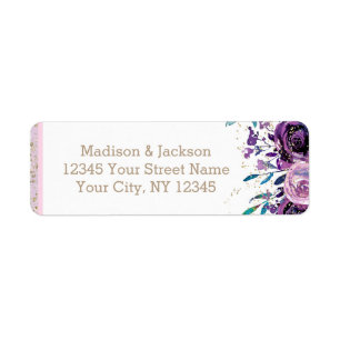Chic Purple Floral & Gold Wedding Return Address Label