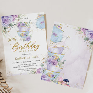 Chic Purple Floral High Tea 50th Birthday Party Invitation