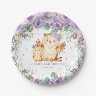 Chic Purple Floral Owl Baby Shower Girl Paper Plate