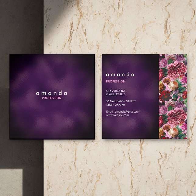 Chic purple floral pink Burgundy glitter monogram Square Business Card (Creator Uploaded)