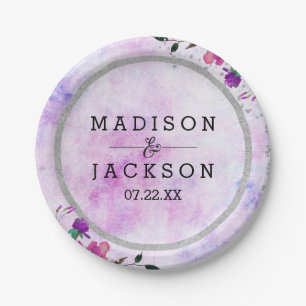 Chic Purple Floral & Silver Frame Wedding Monogram Paper Plate