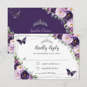 Chic Purple Floral Silver QUINCEAÑERA Butterflies RSVP Card