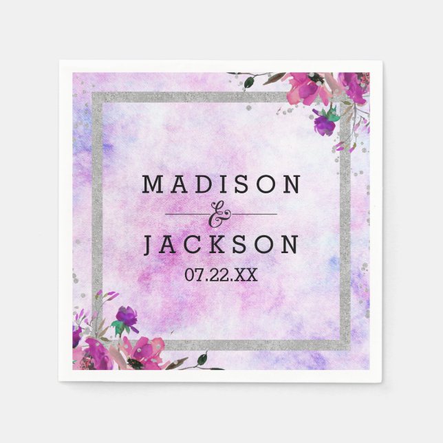 Chic Purple Floral & Silver Wedding Monogram Napkin (Front)