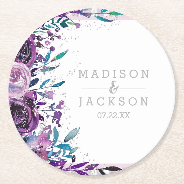 Chic Purple Floral & Silver Wedding Monogram Round Paper Coaster (Front)