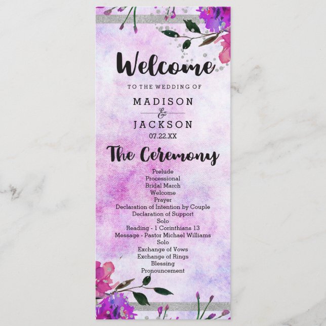 Chic Purple Floral & Silver Wedding Program (Front)
