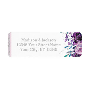 Chic Purple Floral & Silver Wedding Return Address Label