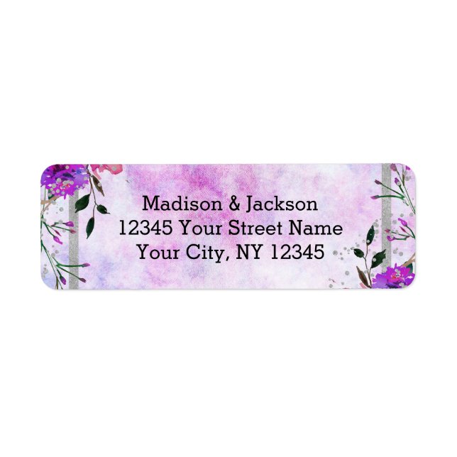 Chic Purple Floral & Silver Wedding Return Address Label (Front)