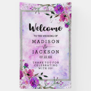 Chic Purple Floral & Silver Wedding Welcome Banner