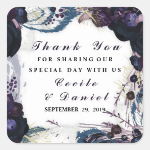 Chic Purple Floral Winter Wedding Thank You Favour Square Sticker