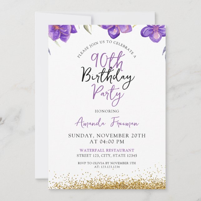 Chic Purple Flowers 90th Birthday Invitation (Front)