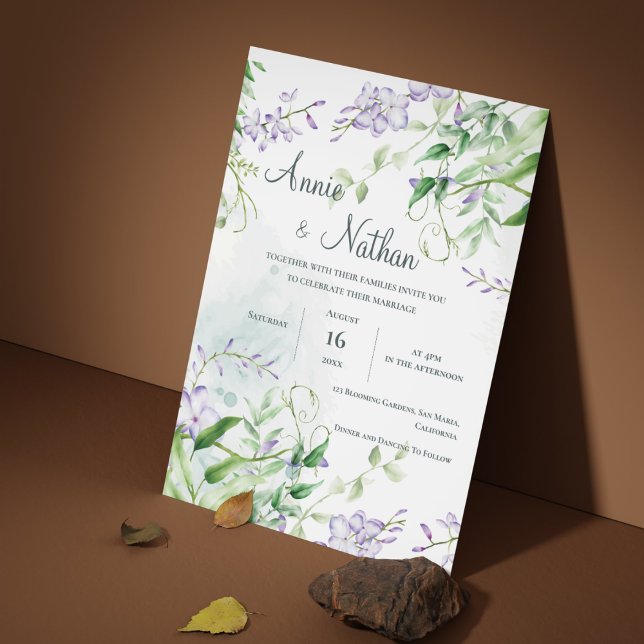 Chic Purple Flowers Green Leaves Floral Wedding Invitation (Chic Purple Flowers Green Leaves Floral Wedding Invitation)