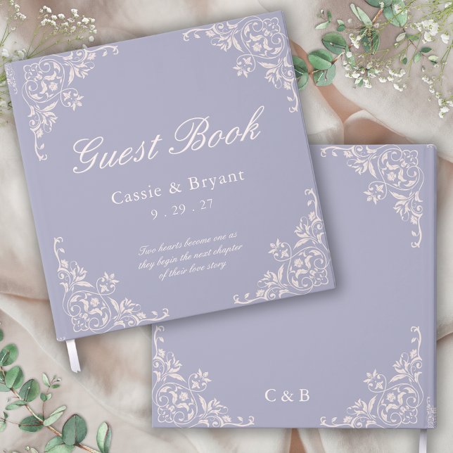 Chic Purple French Lilac Wedding Guest Book (chic lavender purple and blush pink wedding event guest book with bride groom names monogram date)