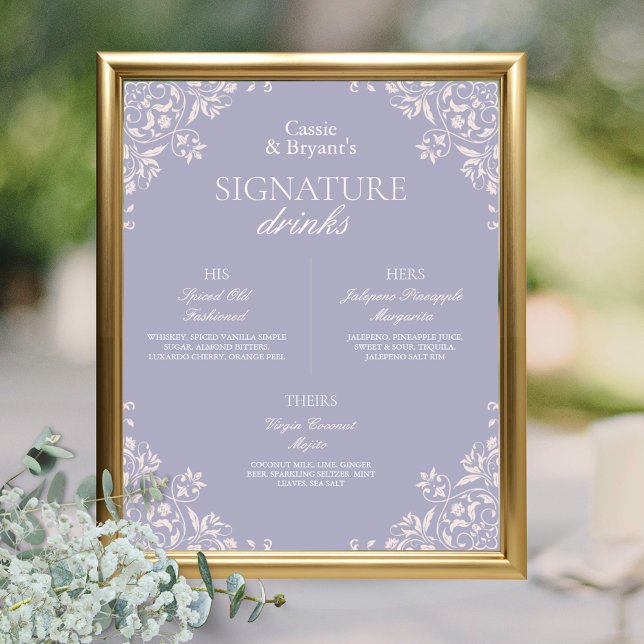 Chic Purple French Lilac Wedding Signature Drinks Poster (elegant purple lavender french lilac wedding bar menu signature drinks sign for her him them poster)