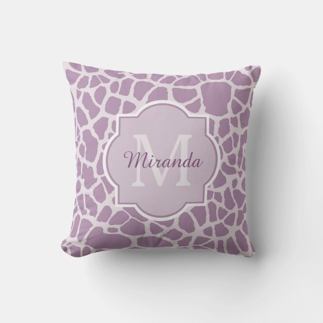 Chic Purple Giraffe Print With Monogram and Name Cushion (Front)
